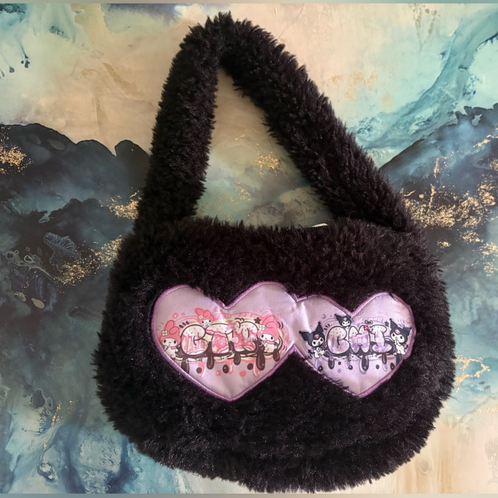 Sanrio Black Furry Mini Bag with Purple Hearts